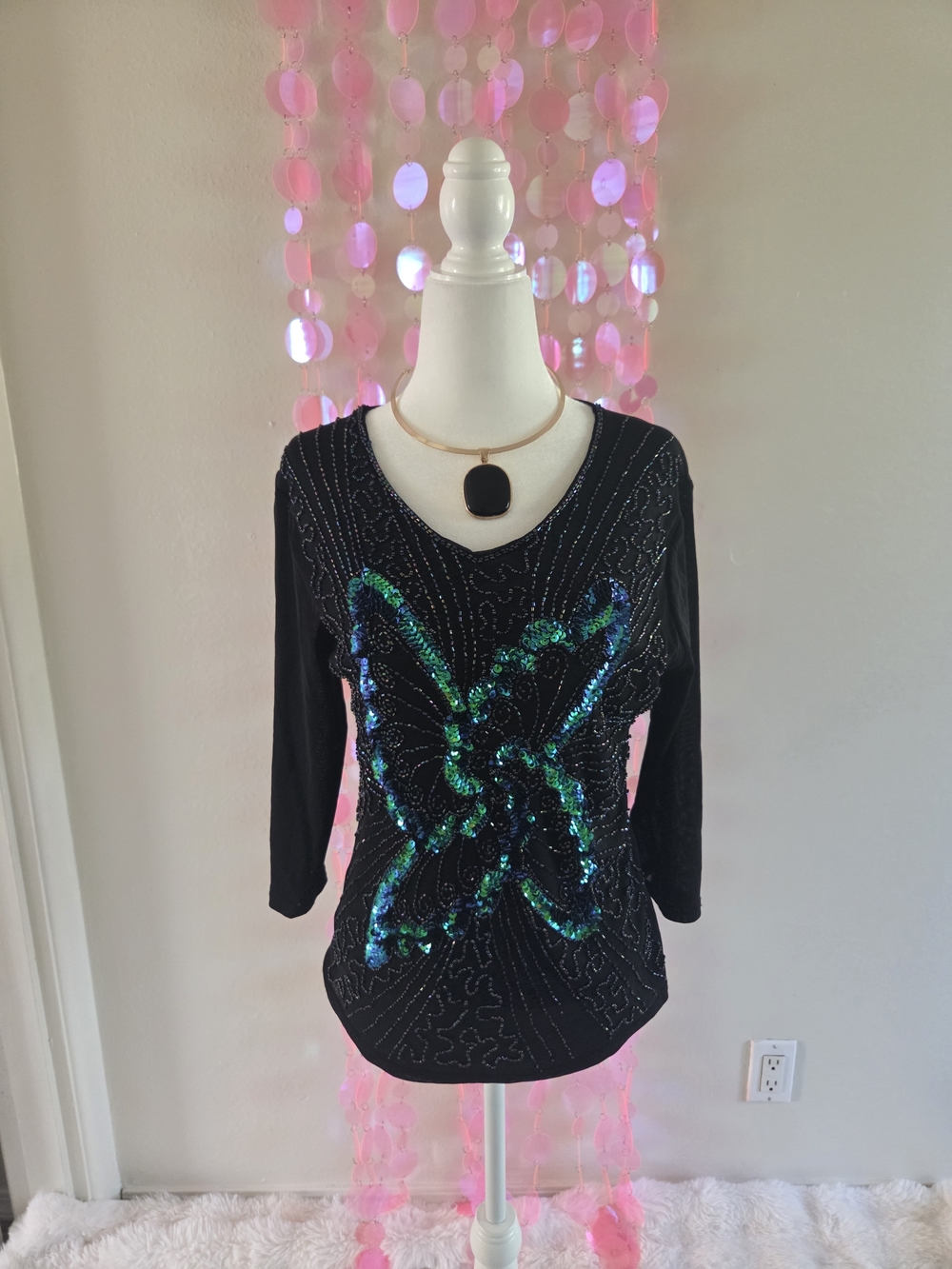 Black Sequin Butterfly V-Neck Blouse